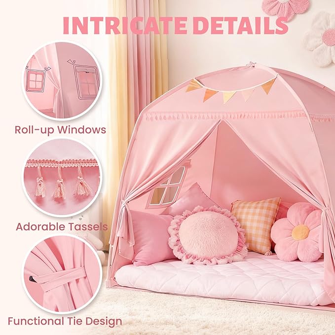 Sumbababy Large Teepee Tent for Kids: with Star Lights - Tent for Toddler Indoor Kids Teepee Tent for Boys & Girls - Toddler Play Tent Inside Canopy Bed for Playroom Gift Toys (Pink)