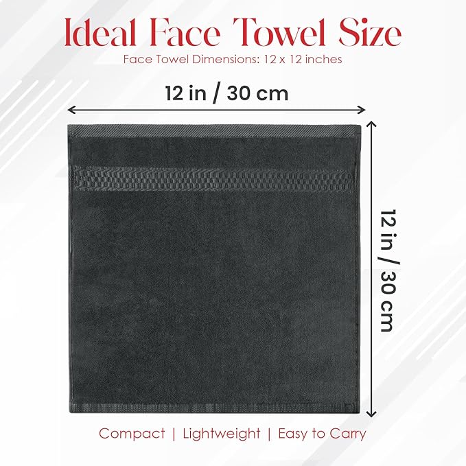 RIVERSIDE 12 Pack Premium 100% Cotton Face Wash Cloths, 12 x 12 Inches, Soft & Absorbent Face Towels for Bathroom Wash Clothes, 550 GSM, Luxury WashCloths for Showering, Body, Spa & Gym, Grey