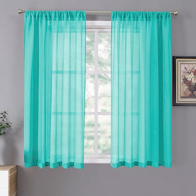 Tollpiz Sheer Curtains Living Room Linen Textured Curtain Sheers Light Filtering Voile Rod Pocket Curtains for Bedroom, 38 x 63 inches Long, Aqua Blue, Set of 2 Panels