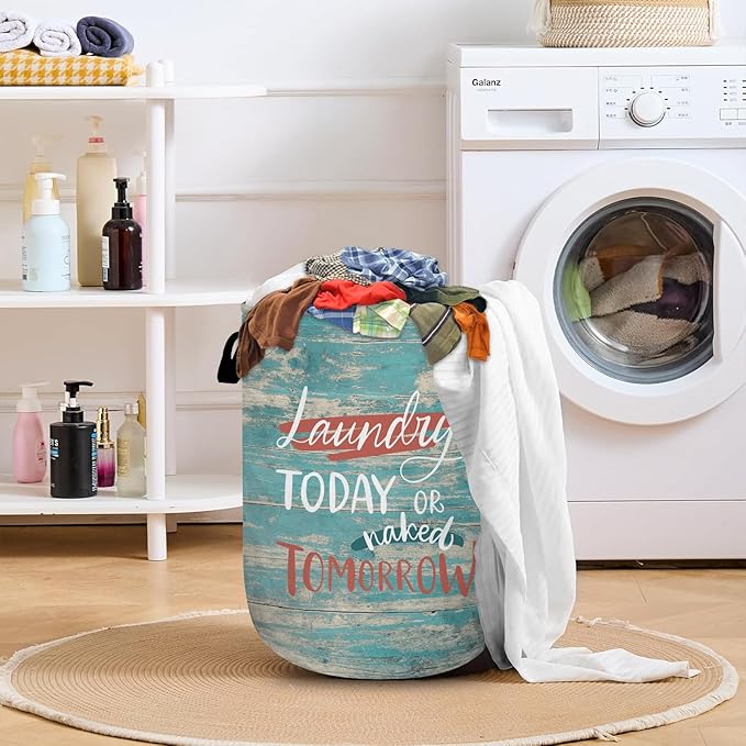 Laundry Today or Nacked Tomorrow Laundry Basket with Sturdy Handles, Blue Wood Grain Funny Collapsible Oxford Cloth Laundry Hamper Organizer Basket for Bathroom Bedroom 15.7x20 Inch