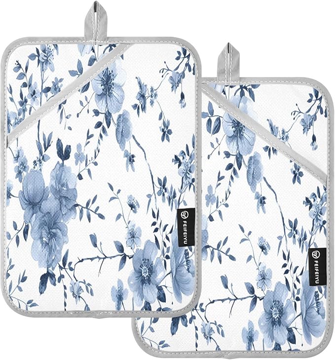 Pot Holders Set of 2 Blue Flower Hot Pads for Kitchen Heat Resistant Potholders Sets for Kitchen and Baking 7x9.8in
