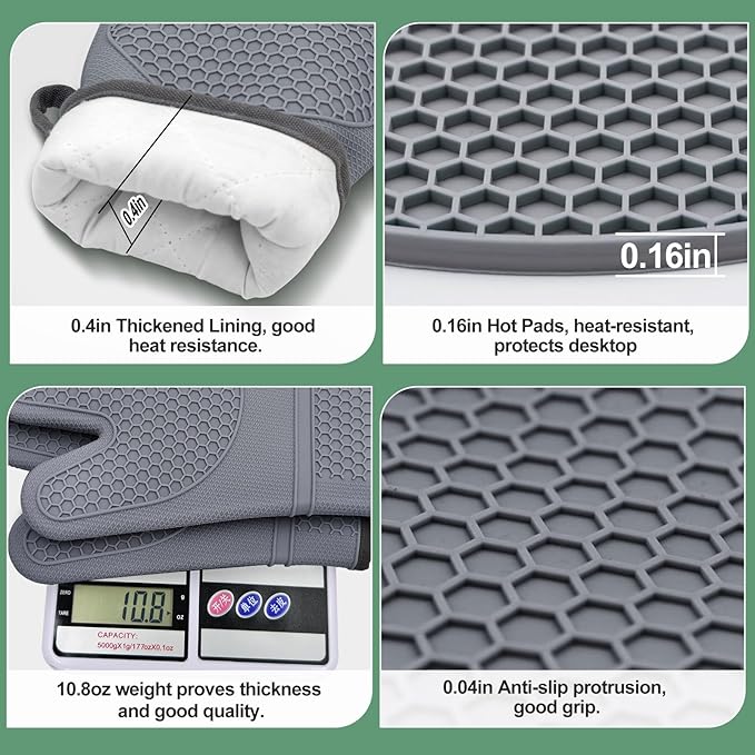Silicone Oven Mitts and Pot Holders Sets 3PCS for Kitchen, Oven Gloves Heat Resistant 500°F, Non-Slip Silicone Potholder 7.1”, Thick Oven Mitts & Thick Hot Pads Protection for Cooking, Grey