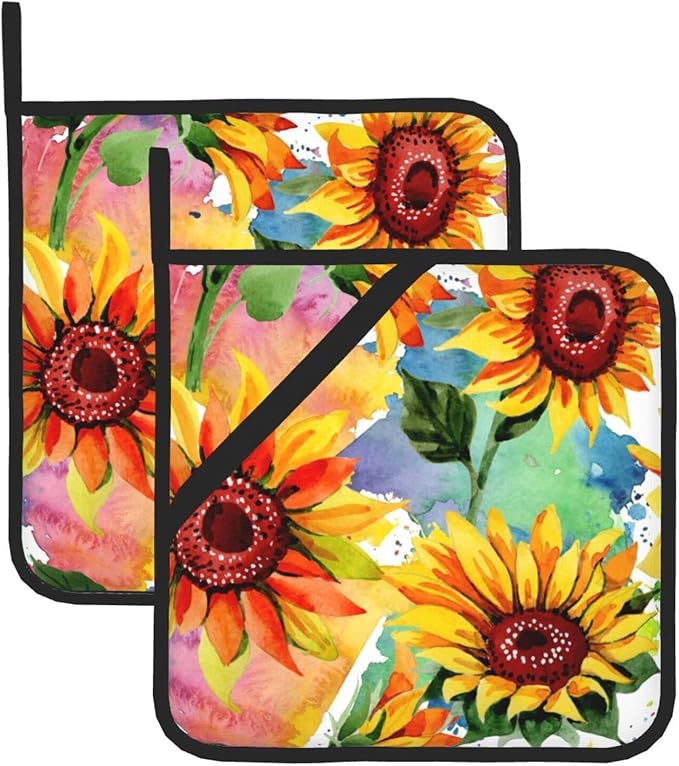Colorful Sunflower Pot Holders Set of 2 Heat Resistant & Non Slip Potholders, Watercolor Art Style Fire Oven Hot Pads for Kitchen Cooking Baking Barbecue