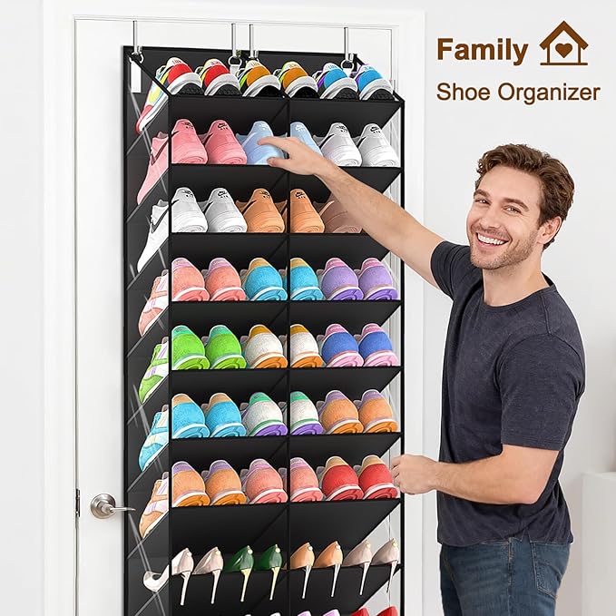 UVIAHOMI 30 Pairs Over the Door Shoe Organizer, Clear Pockets Hanging Shoe Storage for Closet, 10-Tier Door Shoes Rack Storage, Handing Shoes Holder Fit All the Family's Sneakers, Boots, Heels, Black