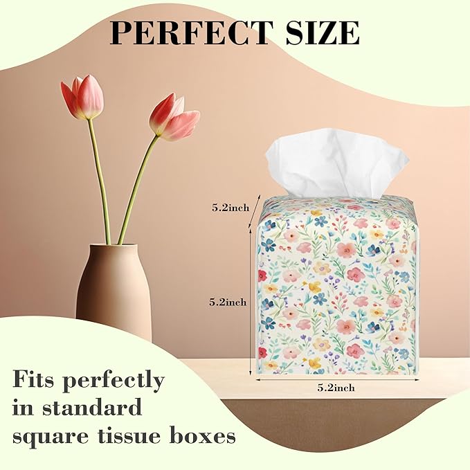 Watercolor Floral Tissue Box Cover,Colorful Flowers Waterproof Leather Square Tissue Box Cover Case Facial Paper Organizer Dispenser Box Holder for Home Office Bathroom Vanity Countertop