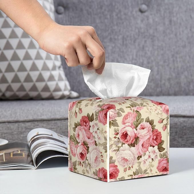 PVC Tissue Box Cover Holder,Flower Square Decorative Organizer,5.2"X5.2"X5.2" Tissue Case for Bathroom,Tabletop,Car,Office