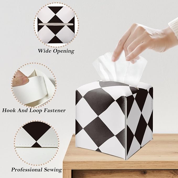 Black and White Checkered Tissue Box Cover Square, Leather Tissue Holder with Bottom Belt, for Nightstands Desks Office Bathroom Car Vanity Home Decor Supplies -005