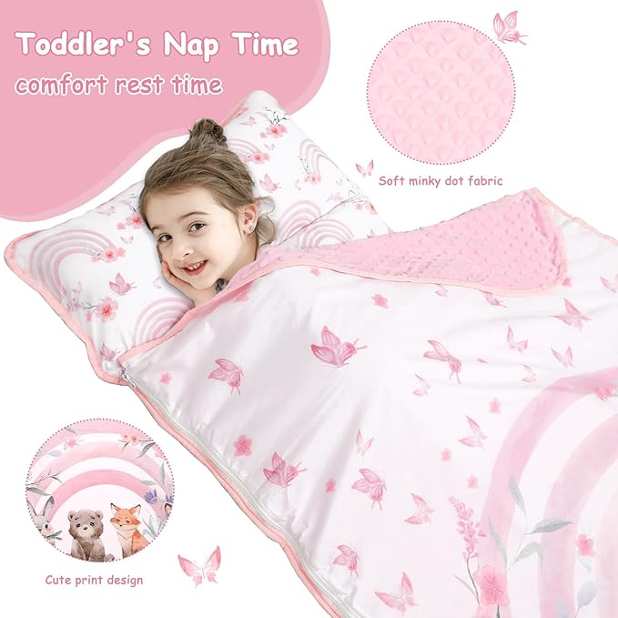 Hooyax Toddler Nap Mat with Pillow & Blanket - Extra Large Size for Toddlers Age 3-7 | Portable Kids Sleeping Bag for Daycare, Preschool, Travel | Roll Up Design for Kids