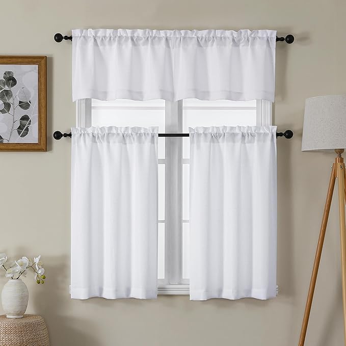 Lecloud Bessie White Kitchen Curtains 30 Inch Length 2 Panels, Light Filtering Cafe Short Curtains with Dual Rod Pocket, Semi Sheer Window Treatments for Bathroom Bedroom, Each 30 W x 30 L