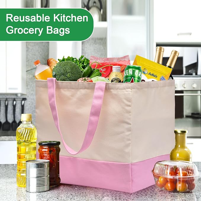 CNaiyunpin 3 Pack Canvas Reusable Grocery Bags Heavy Duty, 8.3 gal Foldable Large Tote Bag with Handles, Holds 60 lbs Canvas Shopping Bags & Washable Eco-friendly Bags with 5 Pockets, Pink+Off white