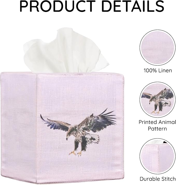 EmbroideryLinen.VN Tissue Box Cover Set of 2, Square Linen Tissue Holder, Printed Animal Pattern, 4.5x4.5x5.5 Inches, Decorative Holder for Bathroom, Living Room, Office (Eagle)