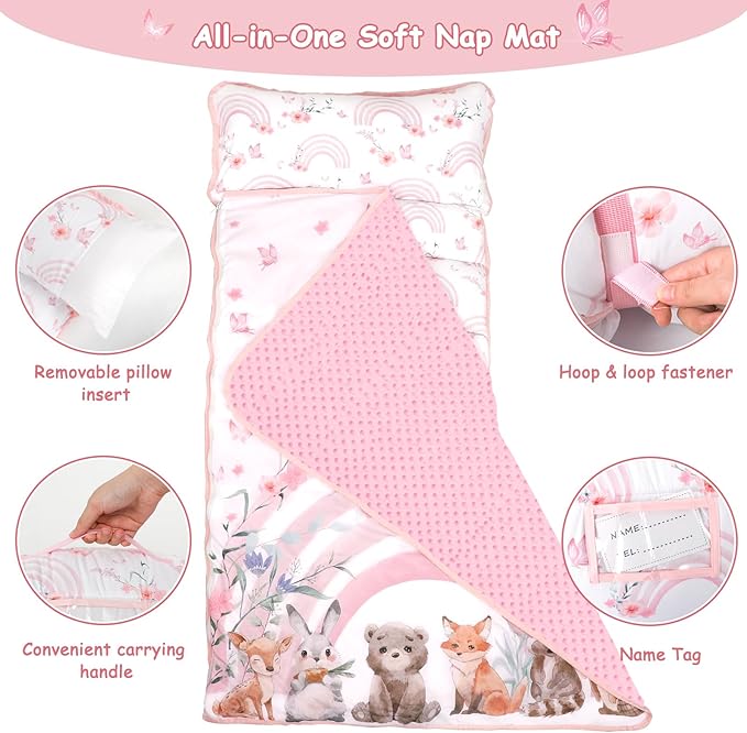 Hooyax Toddler Nap Mat with Pillow & Blanket - Extra Large Size for Toddlers Age 3-7 | Portable Kids Sleeping Bag for Daycare, Preschool, Travel | Roll Up Design for Kids
