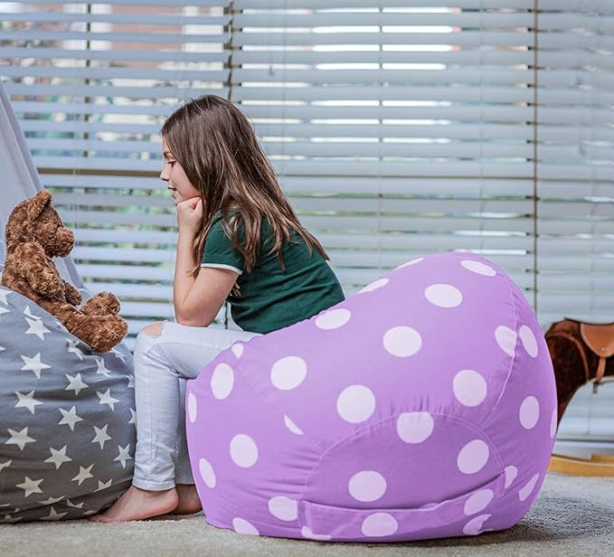 WEKAPO Stuffed Animal Storage Bean Bag Chair Cover for Kids | Stuffable Zipper Beanbag for Organizing Children Plush Toys Large Premium Cotton Canvas (Purple Dot, XX-Large)