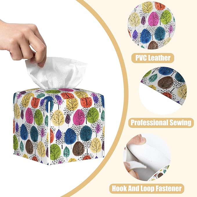 BLYKVGHQ Colorful Abstract Trees Tissue Box Cover Square, Tissue Box Holder with Bottom Belt Leather Facial Paper Organizer Dispenser for Bathroom Bedroom Dresser Night Stand Tabletop