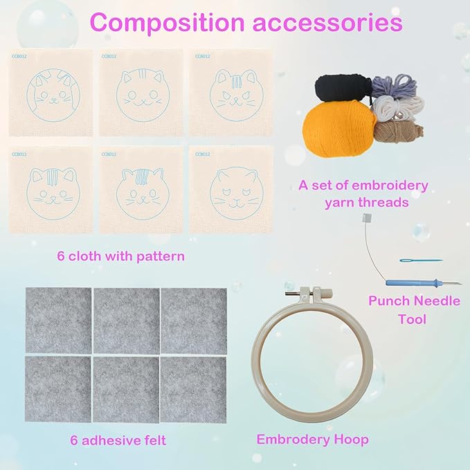 57lilina Punch Needle Coaster Kit for Adults Beginners, 6 Set Complete Animal Cat Punch Needle Stitching Embroidery Art Kit, Step-by-Step Guide Make Punch Needling Drink Coasters for Starter
