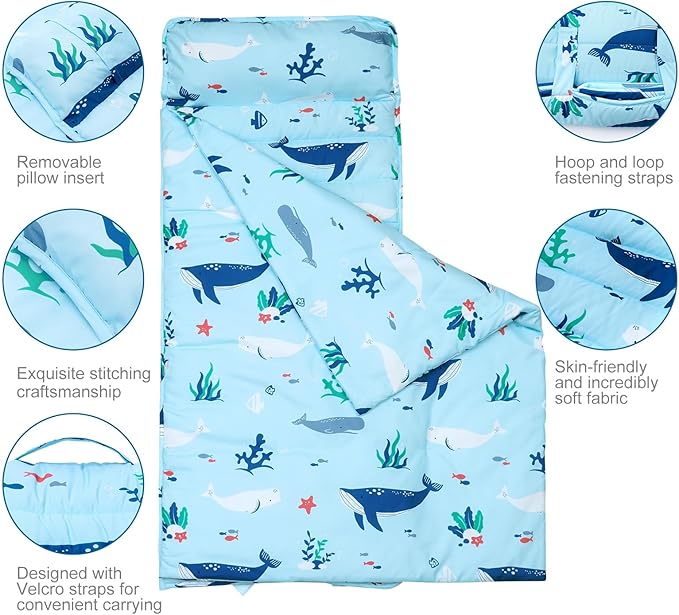 david's kids Toddler Nap Mat Set with Removable Pillow, Ultra Soft Slumber Bags for Boys Girls，Perfect for Preschool, Daycare, Kids Sleeping Bags with Rollup Design, 50"x20", Ocean Animals Light Blue