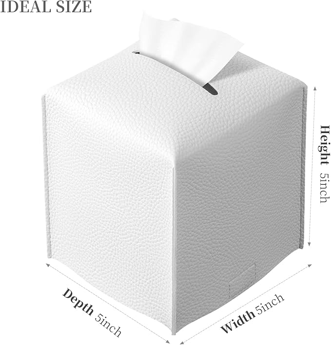 REGELETO Square Tissue Box Cover, Pu Leather Tissue Box Holder with Bottom Belt Modern Stylish Tissue Box Organizer for Bathroom, Bedroom, Hotel, Office Desk 5"X5"X5"-Off White