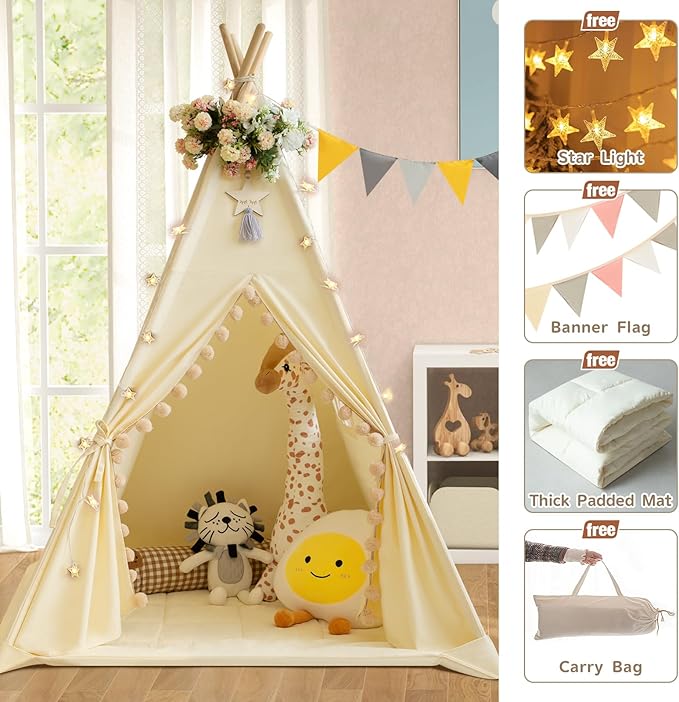 WIRHAO Teepee Tent for Kids with Padded Mat Cotton Canvas Kids Teepee with Pompom for Toddlers Indoor Play Tent for Girls Boys with Stars Lights, Carry Bag, Banner Flag (Cream)