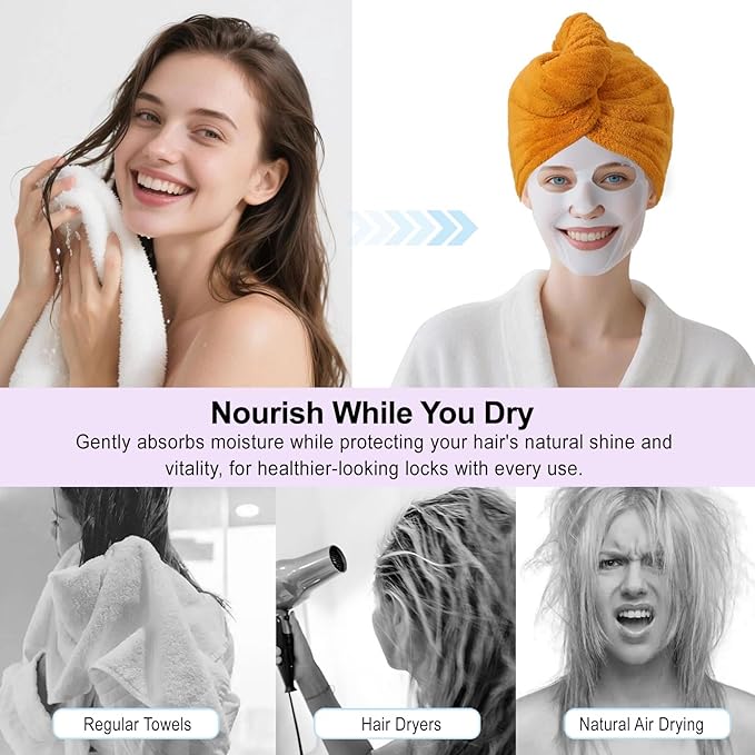 AGKXHDEC 1 Pack Double Layer Microfiber Towel, Hair Turbans for Wet Hair, Drying Hair Wrap for Women (Apricot Yellow)