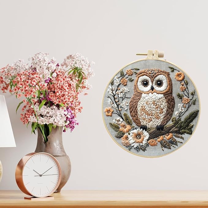 QBQBQ Owl Embroidery Kit - 8.2in, Owl Needlepoint Kits for Adults, Cross Stitch Kits for Beginners, Include Embroidery Cloth Bamboo Hoops and Step by Step Instructions, for Craft Lover Hand Stitch