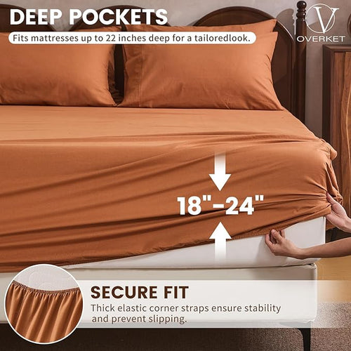 100% Linen Sheet Set King Size Extra Deep Pocket Fits 18-24 Inch Mattress, Breathable & Soft, Smooth 4-Piece Set for Thick Mattresses Hotel Luxury Bedding（King, Brown）
