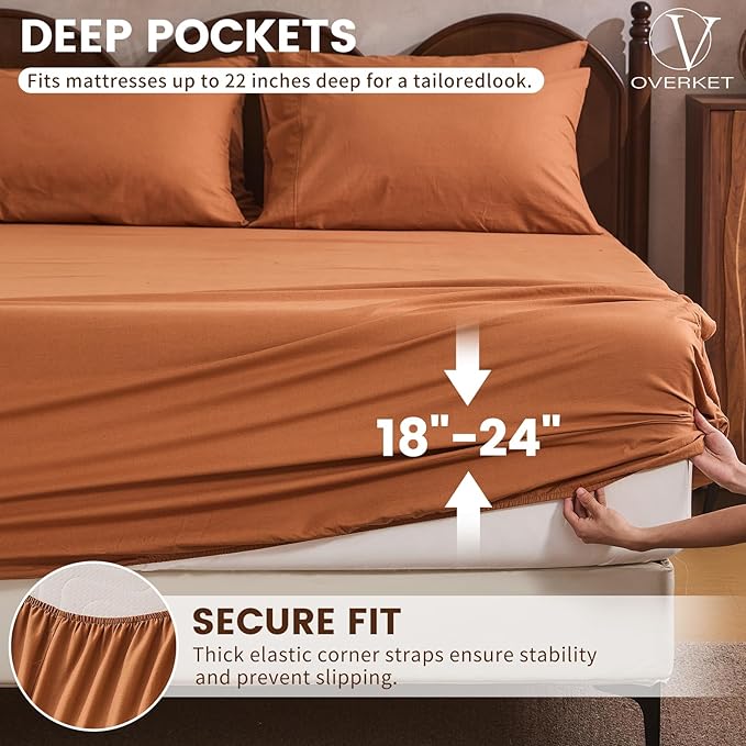 100% Linen Sheet Set Queen Size Extra Deep Pocket Fits 18-24 Inch Mattress, Breathable & Soft, Smooth 4-Piece Set for Thick Mattresses Hotel Luxury Bedding（Queen, Brown）