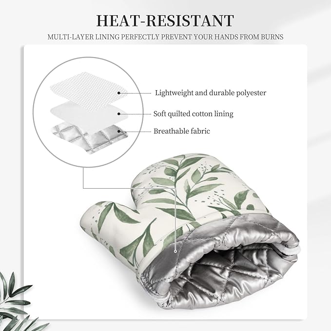 Silicone Oven Mitts and Pot Holders Sets, Home Green Leaf Heat Resistant BBQ Gloves for Kitchen Baking Cooking Grilling Microwave