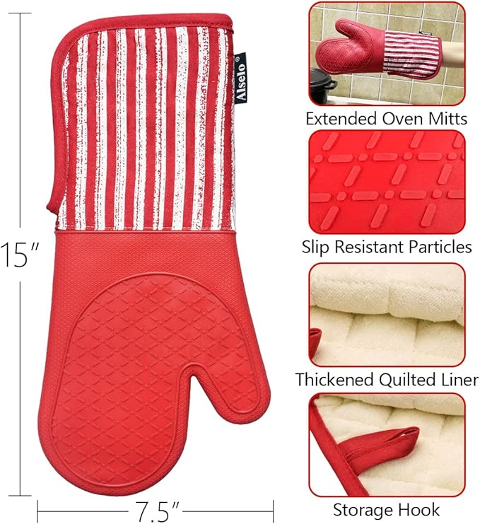 Silicone Oven Mitts Heat Resistant 932℉ with Waterproof & Non-Slip Kitchen Mittens, Set of 2 Extra Long Oven Gloves with Soft Cotton Terry Lining for Baking Cooking Barbecue (2, Red Mitts)