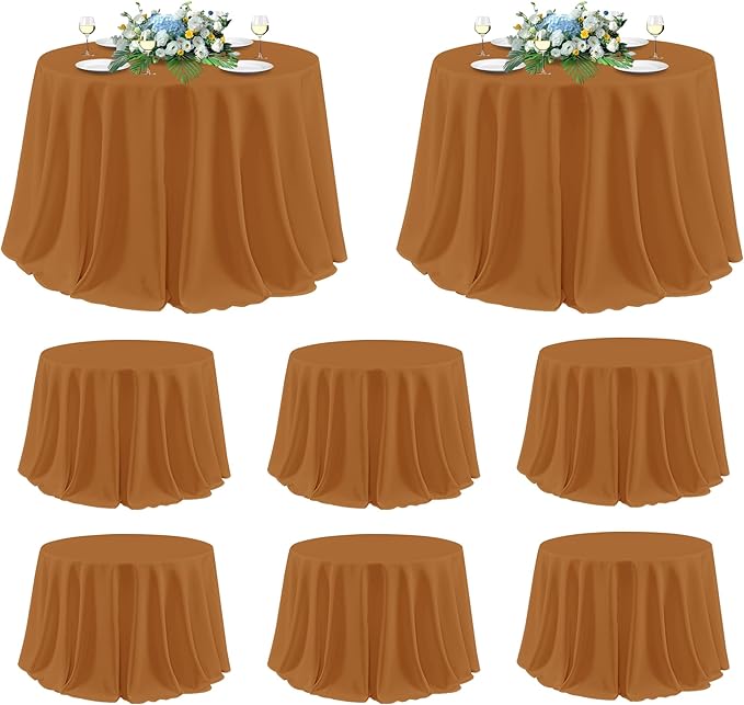 sancua Thanksgiving Round Tablecloth 120 Inch Diameter, 8 Pack Bronze, Circle Polyester Fabric Light Brown Fall Table Cloth Cover for Harvest Wedding Party Reception Banquet (Fit 48-96 Inch Tables)