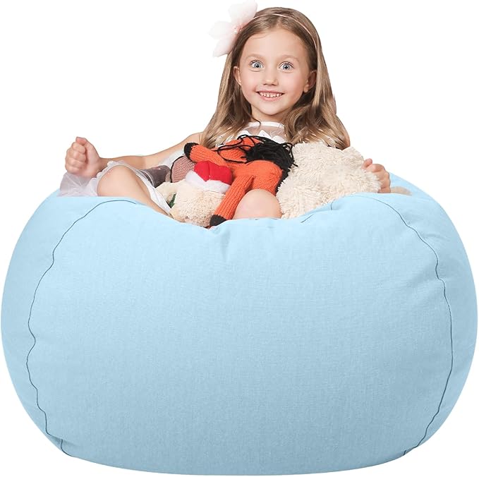 Wekapo Stuffed Animal Storage Bean Bag Chair Cover for Kids | Stuffable Zipper Beanbag for Organizing Children Plush Toys Large Premium Cotton Canvas (Solid Lightblue, X-Large)