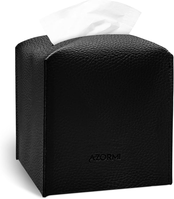 Tissue Box Cover Holder, PU Leather Tissue Box Cover Square with Bottom Belt, Cube Tissue Holder for Bathroom, Modern Organizer for Car, Office, Tabletop (Black, 14 Leather Patterns)