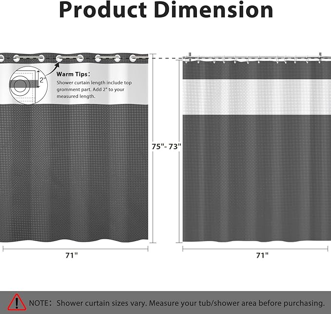 GICDSU No Hook Shower Curtain with Snap in Liner, Waffle Shower Curtain Set for Bathroom, Hotel Style with Semi-Sheer Top Window, Waterproof & Washable, Dark Grey, 71" W x 75" L