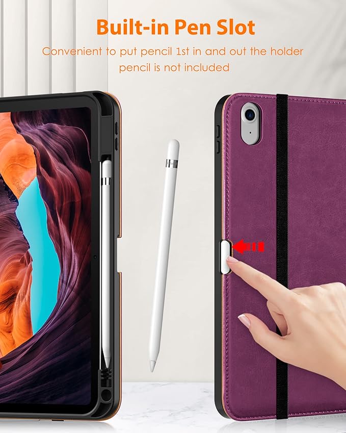 DTTO for iPad (A16) 11th Generation Case 11 Inch 2025, iPad 10th Generation Case 10.9 Inch 2022, Premium Leather Business Folio Stand Cover with Pencil Holder - Auto Wake/Sleep, Purple
