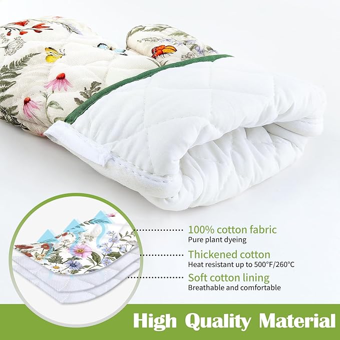 Floral Grass Oven Mitts and Pot Holders Sets 2Pcs, 100% Cotton Heat Resistant, Extra Long Oven Gloves Potholder for Kitchen Cooking Baking Decoration