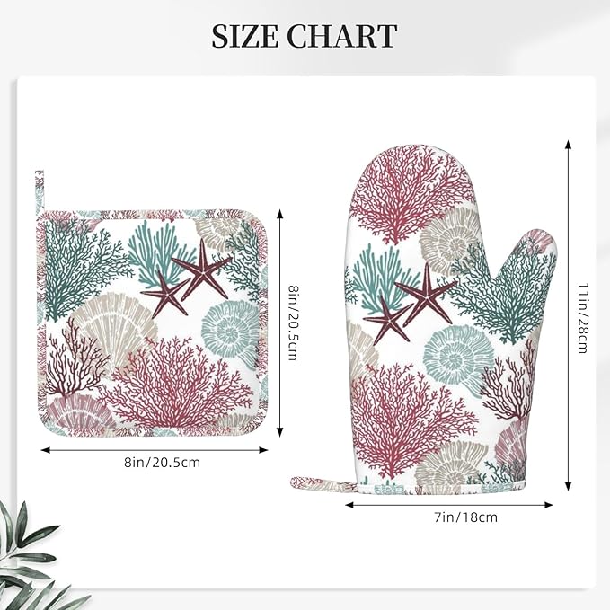 Nautical Coastal Oven Mitts and Pot Holders Set, 4pcs Silicone Starfish Seashell Coral Beach Themed Oven Glove for Kitchen Heat Resistant Oven Mitts and Non-Slip Potholders Red