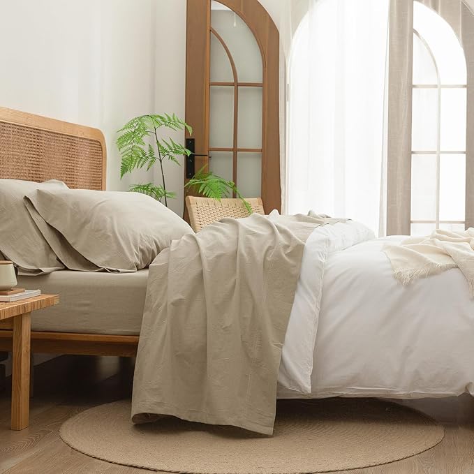 BESTOUCH Sheet Set 100% Washed Cotton Linen Feel Super Soft Comfortable Chic Lightweight 4 Pcs Home Bedding Set Solid Almond Milk Grey Full