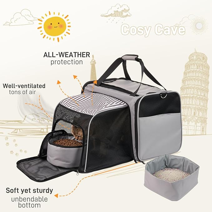 Cat Carrier with Litter Box, Collapsible Soft Sided Pet Carrier for Car Travel, Cat Travel Carrier with Locking Zippers, Expandable Cat Carrier with Food Bowl for Cats/Puppies up to 25 lbs, Grey