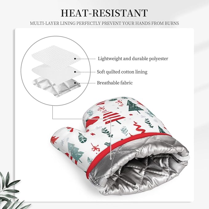 Oven Mitts and Potholders Merry Christmas Tree Silicone Glove Heat Resistant, Kitchen Gloves for Cooking, 2-Piece Set
