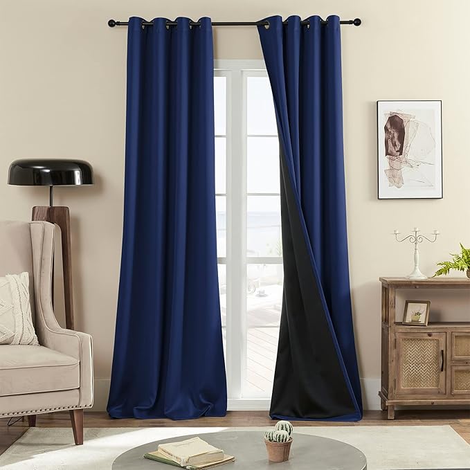 Rutterllow 100% Blackout Curtains 2 Panels, Full Shade 96 Inches Long Complete Drapes for Living Room, Thermal Insulated Bedroom Window Treatment Drapes (Navy Blue, 52x96 inch)