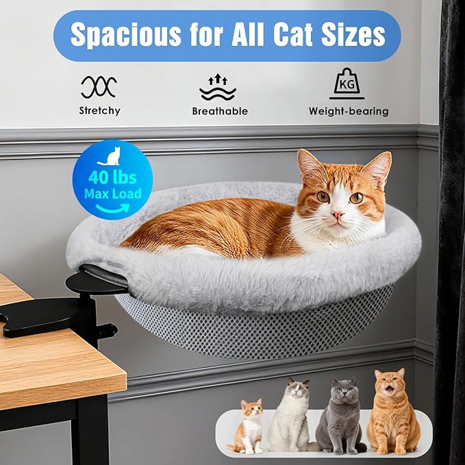 IPOW Heavy Duty Steel Frame 180° Rotating Cat Desk Bed Semi-Circular Cat Bed, Soft Faux Rabbit Fur Material, Suitable for Various Desktops-Maximum Hold Up to 40lb