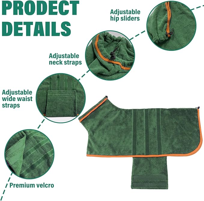 HhiMyOct Dog Drying Coat - Fast Drying Dog Towel Robe - Microfiber Super Absorbent Pet Bathrobe, Adjustable Collar & Belly Strap Pet Coat Pet Bath Robe Towel (X-Large, Green)