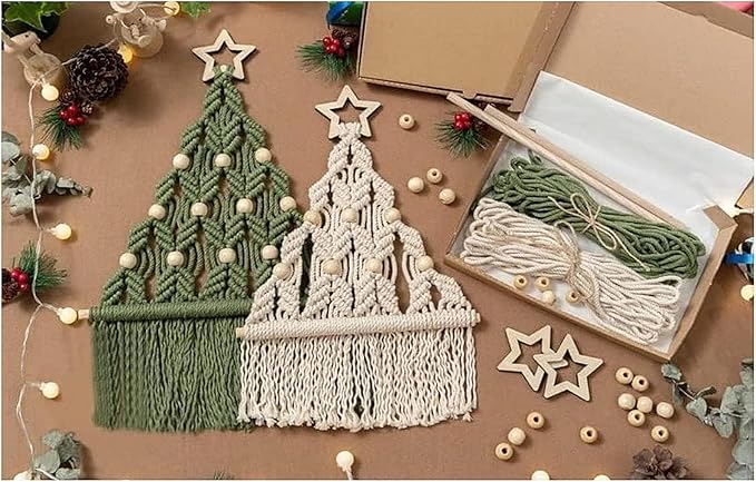 2 Set DIY Macrame Christmas Tree Kit, 6 Set Christmas Tree Craft Starter Kit with Instructions Boho DIY Wall Hanging Art Decor Festive Activity Supplies for Beginners