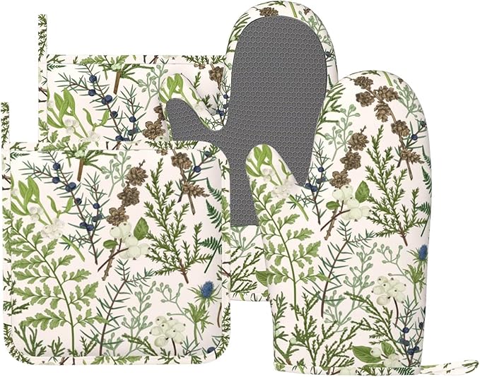 Botanical Print Oven Mitts and Pot Holders Set of 4 Silicone Vintage Floral Spring Sage Green Flower Plant Kitchen Mitten Gloves and Farmhouse Potholders Set Oven Gloves Hot Holders