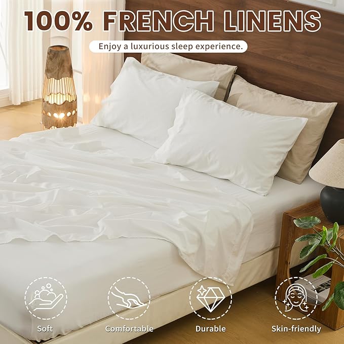 Bedlifes 100% French Pure Linen Sheets Queen Size Breathable and Cooling Flax Sheet Set Soft Durable and Moisture Wicking 16 Inch Deep Pocket-4 Piece(Queen,White)