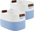 ECDYQXVU Cotton Rope Basket, Storage Baskets with Handle, 15x10x9 Inch Woven Basket for Shelves, Laundry, Towels, Clothes, Books (White/Blue 2Pack)