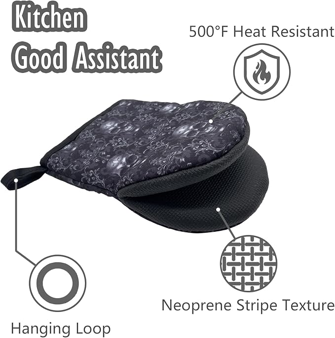 Black Gothic Skull Goth Skeleton Flower Mini Silicone Oven Mitts, Heat Slip Resistant Kitchen Gloves 2-Pack Set, Soft Short Small Oven Mittens Pot Holders for Baking Grilling Barbecue Microwave Gift
