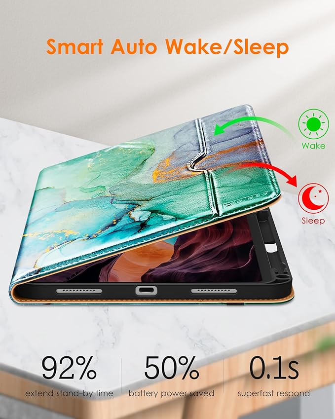 DTTO for iPad (A16) 11th Generation Case 11 Inch 2025, iPad 10th Generation Case 10.9 Inch 2022, Premium Leather Business Folio Stand Cover with Pencil Holder - Auto Wake/Sleep, Emerald Marble