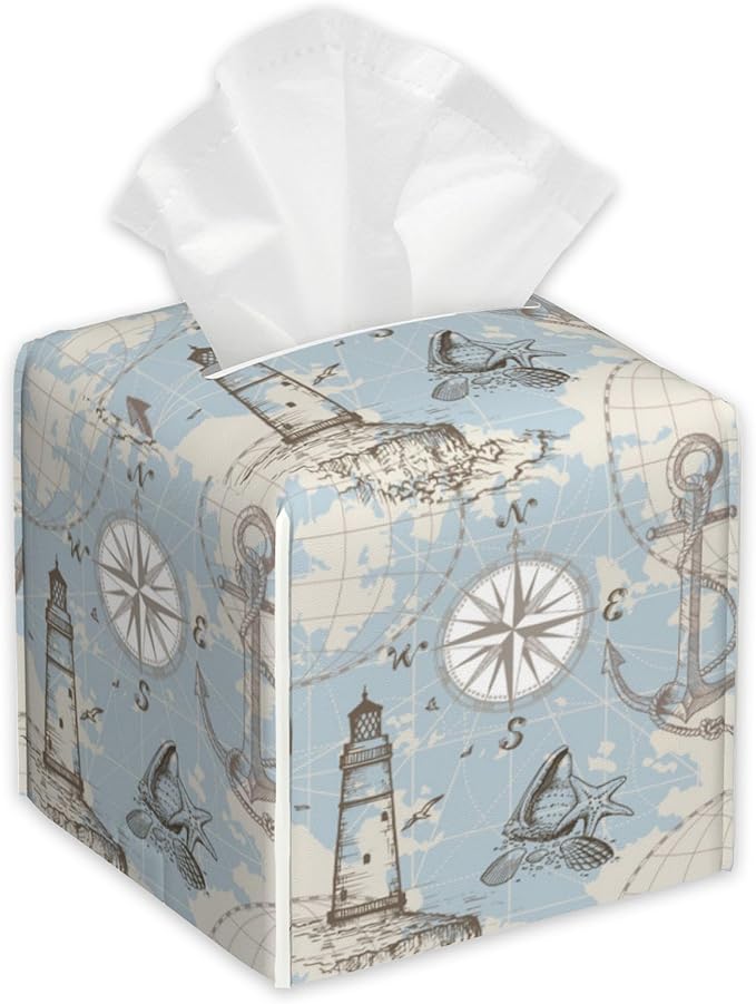 Compass Sea Map Tissue Box Cover Square,Seashells Tissue Box Holder with Belt Bottom,Stylish Leather Napkin Holder for Vanity Countertop,Nightstands,Office Desk,5.2"×5.2"×5.2"