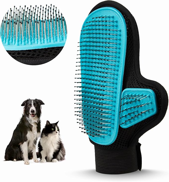 Beenefits 2025 Pet Grooming Glove with Tipped Pin Brush,Special Design Deshedding Glove, Perfect Petting Tool for Sensitive Dogs & Cats with Long & Medium Fur, Massage Mitt - Right-Hand - Blue