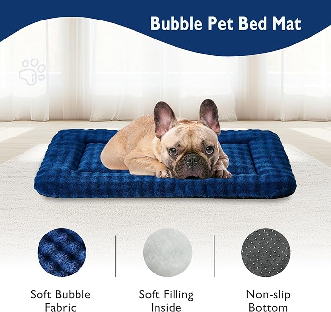 Yaning Dog Bed Mat Crate Pad for Medium Dogs, Washable Soft Pet Sleeping Mat Kennel Pad with 3D Bubble Pattern, Navy Blue, 30"x 19"